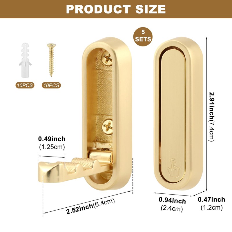 Foldable Wall Hooks, Gold, 5 Pack, Heavy Duty Coat and