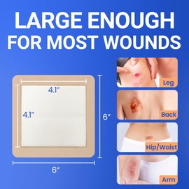 Large Waterproof Bandages 6x6 Silicone Foam Dressing for Sensitive Skin Wound Care, Adhesive Cohesive Pad with Border for First Aid, Post Surgical and Burn, Pressure, Scar Healing (5 PCS)