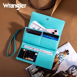 Montana West X Wrangler Western Wallets for Women Tooling Wristlet Wallets Large Capacity Cell Phone Wallet Womens Clutch Wallet with Coin Purse and RFID Linning Turquoise WG196-W056TQ
