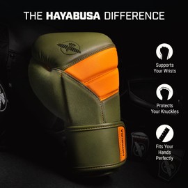 Hayabusa T3 Boxing Gloves for Men and Women Wrist and Knuckle Protection, Dual-X Hook and Loop Closure, Splinted Wrist Support, 5 Layer Foam Knuckle Padding - Green/Orange, 18oz