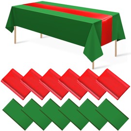 12 Pack 12x108 Inch Satin Table Runner and 84 Inch Rectangle Plastic Tablecloths Set Christmas Green and Red Disposable Table Cloth for New Year Christmas Wedding Holiday Anniversary Party Decorations