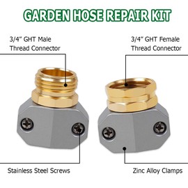 Hooshing Garden Hose Repair Kit Aluminum Male and Female Hose Repair Fittings with Zinc Clamp for 3/4" and 5/8" Water Hose End Replacement 1 Set