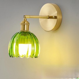 Ruibutrade Vintage Battery Operated Wall Sconces with Remote, 180 Degree Adjustable, Modern Battery Powered Wall Lighting Fixture with Green Tulip Glass Lampshade for Bedroom Bedside Bathroom