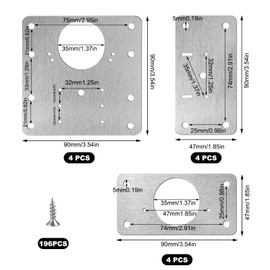 Hinge Repair Plate Set with 192 Screws, 12 Pieces Hinge Repair, Cabinet Hinge Repair Plate with Hole, Kitchen Hinge Repair Plates Stainless Steel for Furniture, Cabinet, Door