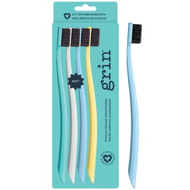 Grin Charcoal-Infused 100% Recycled Toothbrush, Soft, 4 Count, Summer Beach, Suitable for Sensitive Teeth and Gums