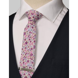 WITZROYS Men's Skinny Tie Floral Cotton Necktie and Tie Bar Clip Sets, Great for Weddings,Groom,Groomsmen (Purple & Pink #A25)