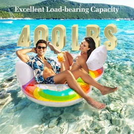HeySplash Pool Floats Adult, 2 Seat Inflatable Rainbow Float with Cloud Backrests and Handles, Pool Float with Cup Holders for Family/Friends/Couple, Pool Float Chair for Beaches, Lakes, Pool Parties