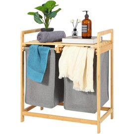‎REDCAMP Freestanding Bamboo Laundry Hamper, Wooden Laundry Basket for Bathroom Bedroom Living Room Laundry Room, 2 Section Laundry Sorter with Shelf and Removable Storage Bags, Grey Bgas, Natural