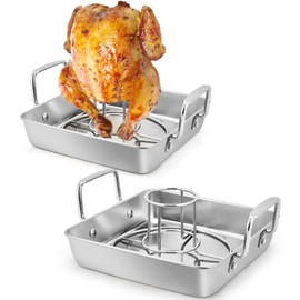 TeamFar Beer Can Chicken Holder, Stainless Steel Roasting Drip Pan with Vertical Rack Stand for Grill Oven Smoker, Healthy & Heavy Duty, Easy Clean & Dishwasher Safe (2 Pan + 2 Rack)