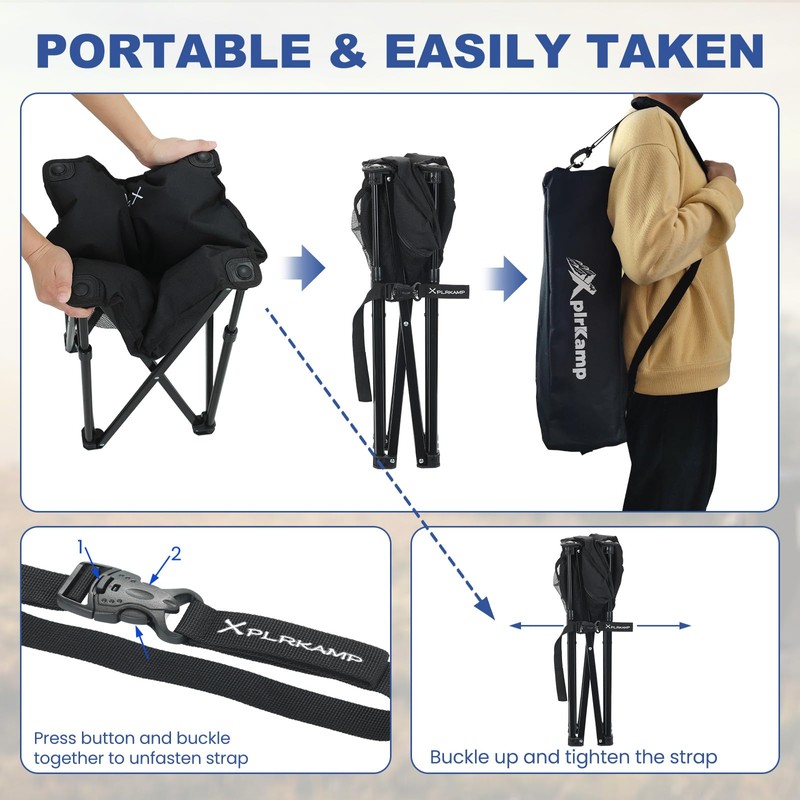 XplrKamp Padded Camping Stool, 18" 500lb Oversized Foot Rest, Black,
