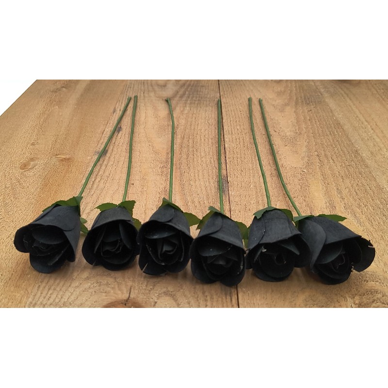 6 Black Half Open Bud Wooden Roses for Crafts Custom