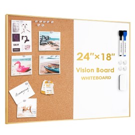 ARCOBIS Cork Board White Board Combo, 24 x 18 Inch Bulletin Board-Gold Frame, Magnetic Dry Erase Board & Corkboard for Wall, Vision Board for Home, Office, School