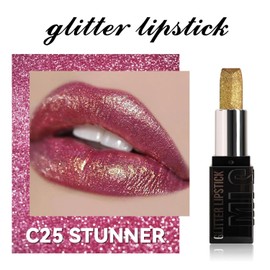Metallic Shimmer Lang Halten Lippenstift,Glitzer Diamant Metall Lipgloss,Hoch Glanz Nude Rot Matte auf Glitzer Lippenstift, Wasserfest Feuchtigkeitsspendend Lip Glos für Frauen (C25 Beeindruckend)