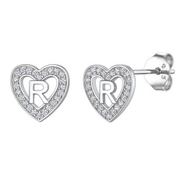 Suplight 925 Sterling Silver Letter R Stud Earrings, Cute Cubic Zirconia Heart Initial Studs Hypoallergenic Earrings for Women