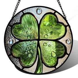 AMDERVEN Stained Glass Window Hanging, Green Silver 4 Leaf Clover Sun Catcher for Window Door Home Decor Plant Suncatcher Christmas Mother's Day Birthday Gifts for Women Men Mom Nana 15 in