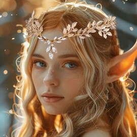 Zoestar Handmade Golden Elf Crown Headband with Rhinestones, Forest Fairy Headdress, Renaissance Goddess Headpiece, Forest Wedding Hair Accessories for Women and Girls (Style 1)