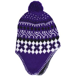 Girl's Winter Knit Hat with Ear Flaps and Pom in Purple Black Combination (Purple Black)
