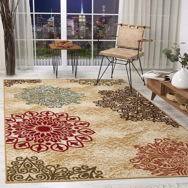 Antep Rugs Alfombras Modern Floral 3x5 Non-Skid (Non-Slip) Low Profile Pile Rubber Backing Indoor Area Rugs (Beige, 3' x 5')