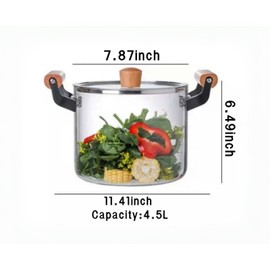 2.5L/3.5L/4.5L Clear Glass Pot for Cooking on Stove, Big Glass Cooking Pot with Wooden Handle, Large Glass Simmer Pot for Stove Potpourri, Glass Frying Pot with Clear Lid for Boiling Pot (4.5L)