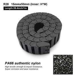 LMioEtool R28 15mm x 50mm(Inner H x Inner W) Black Plastic Cable Wire Carrier Drag Chain 1M Length for CNC, with End Connectors - Bridge Type (Non-openable)