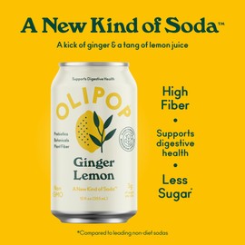 OLIPOP Prebiotic Soda Pop, Ginger Lemon, A New Kind of Soda Packed with Prebiotics, Fiber, and Botanicals, Gluten Free, Vegan, GMO Free, 12oz (12-Cans)