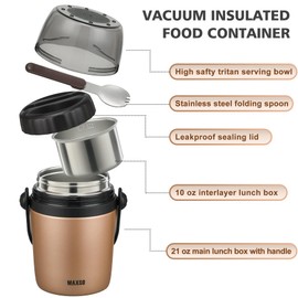 MAXSO Soup Thermo for Hot Food 32 OZ Lunch Container for Adults Vacuum Insulated Stainless Steel Tritan Food Jar Leakproof Wide Mouth Bento Box with Spoon - Gold
