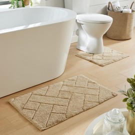 Olivia Rocco Bali 2 Piece Bath Mat Set Super Soft 100% Cotton Easy Care Plush Bath Rug + Toilet Mats Water Absorbent Pedestal Bathmat For Bathroom Toilet Shower, Natural