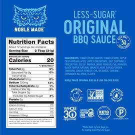 Noble Made Less-Sugar Original BBQ Marinade and Dipping Sauce, Keto, Gluten Free, Low Carb, Dairy Free, Low Calorie, Paleo, Low Sugar, and Whole30 Approved, 0g of Fat, 13 fl oz Bottle