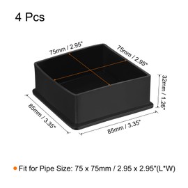 QUARKZMAN Pack of 4 PVC Square Chair Leg Caps, 75 mm x 75 mm OD Black Furniture Feet Pads, Table Foot Covers, Floor Protectors for Patio Table, Cabinet, Bed Furniture