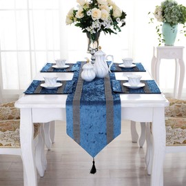 San Tungus 13inch x 72inch Bilateral Rhinestones Table Runner with Diamante Strip and Tassels (Blue)