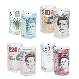 Sterling Pound Note Design Money Savings Tin Box Piggy Bank 15cm x 10cm Money Savings Tin Box Piggy Bank Money Pot Tinplate Saving Money Box £5 £10 £50 £20 Size.