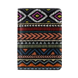 Embroidered Ethnic Aztec Tribal Motifs Striped Ornament Genuine Leather Travel Passport Covers, Microfiber Leather Travel Wallet Holder Case Protector for Women and Men