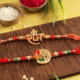Rakhi Set of 2 Rakhi for Brother with Raksha Bandhan Greeting Card | Roli Chawal Tika - Raksha Bandhan Designer Kundan Rakhi for Brother & Bhabhi | Rakhi for Bhaiya | Rakhi Thread VRK012 (Design3)
