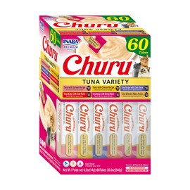 INABA Churu Cat Treats, Grain-Free, Lickable, Squeezable Creamy Pure Cat TreatTopper with Vitamin E  Taurine, 0.5 Ounces Each Tube, 60 Tubes, Tuna... 
