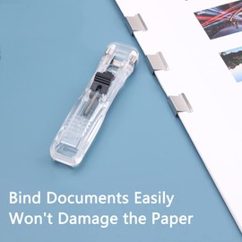 Transparent Black Push Stapler Paper Folder with 8 Reusable Clips, Binder Clips for Refilling Fast Clam Clip Dispensers for Desk Documents Office School