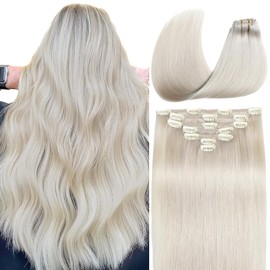 Hair Extensions Real Human Hair Clip ins 20 Inch Clip in Hair Extensions Real Human Hair #60 Platinum Blonde Soft Straight Remy Human Hair for Women 85g 7Pcs Easy to Styling