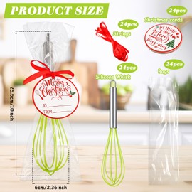 FoldTier 24 Sets 10 Inch Christmas Whisks Gifts DIY Fillable Christmas Tree Ornaments Xmas Colored Silicone Whisks for Cooking Heat Resistant Egg Beaters with Card Rope Bag for Candy Holder