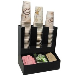 RCS Plastics 3 Wide Condiment and Coffee Cup and Lid Dispenser Stirrer, Sugar Cup Caddy Organize and Display Your Coffee Counter with Style (6007) Black