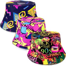 3 Pcs 80s 90s Bucket Hats Vintage Print Bucket Hat Retro 80s Rapper Hat 80s Accessories for Men Mardi Gras Outdoor Summer Fisherman Hat for Men Women 80s 90s Party Supplies Multicolored