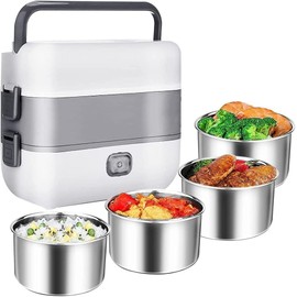 Tuehakny Portable Self Cooking Electric Lunch Box, Mini Rice Cooker, 2 Layers 4 Stainless Steel Steamer Food Insulation Lunch Box for Home Office Dormitory Travel Outdoor Kitchen Cook Raw Food, 2L/110V/200W