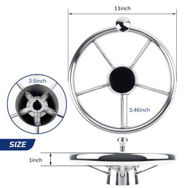 5 Spoke 11 Inch Boat Steering Wheel, Stainless Steel Marine Steering Wheel fit Standard 3/4 Taper Shaft, with Control Knob and Cap for Boats, Pontoon Boats, Yachts