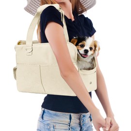 Dog Carriers for Small Dogs, Dog Purse Carrier for Small Dogs, Soft-Sided Dog Carrier Airline Approved, Dog Tote Bag with Six Pockets, Oxford Cotton Bag for Puppy Kitten (Small-Beige)