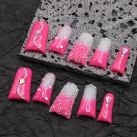 Handmade Press on Nails Long Duck Nails with Glue,Rose Pink Fake Nails with Rhinestone Design Reusable Acrylic Nails Nature Stick on Nail Luxury False Nails for Wome (Size M)
