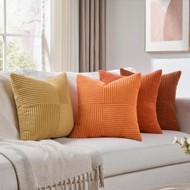 Fancy Homi Set of 4 Boho Fall Decorative Throw Pillow Covers 20x20 Inch for Couch Bed Sofa Bedroom, Modern Farmhouse Home Decor, Soft Cross Striped Corduroy Patchwork Colorful Cushion Case 50x50cm