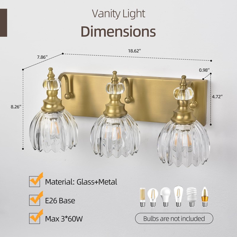 LIROUVET 3 Lights Brass Gold Crystal Bathroom Vanity LightsLight Fixtures