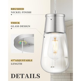 LIROUVET 3-Light Nickel Pendant Lights Kitchen Island, Modern Pendant Lights with Clear Glass, Glass Hanging Lamp in Brushed Nickel Finish, Pendant Light Fixtures for Dining Room PL03BN-3