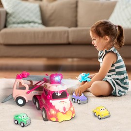 xwin sportseries 5 in 1 Car Transport Toy Set for Kids with Light-Up Features Includes Carrier Truck and 4X Play Vehicles Mini Cars - Sounds and Lights - Princess Car Pink Gift for Toddlers Children