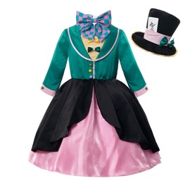 LTAKK Mad Hatter Cosplay Costume Girls Halloween Kids Costume Full Set with Rainbow Stripes Tights, Hat