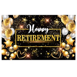 Extra Large Happy Retirement Banner - 70.9" x 43.3" Retirement Party Decorations for Men & Women, Fabric Retirement Sign with 4 Brass Grommets & 19.69ft Ribbon, Photo Booth Backdrop (Black and Gold)
