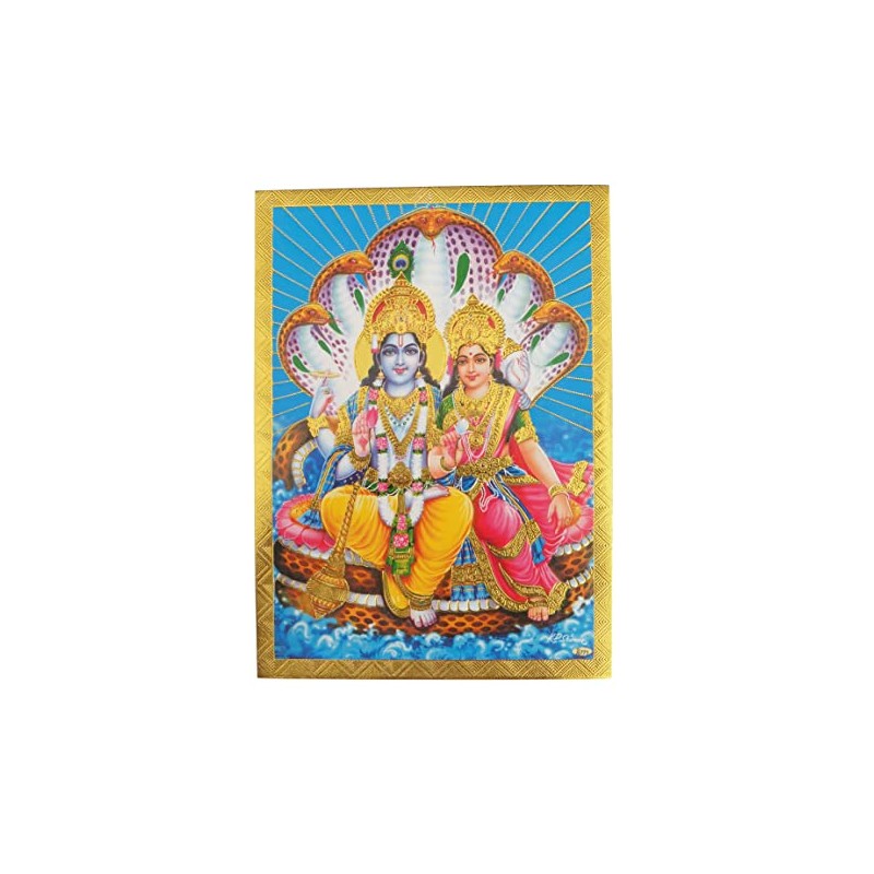 Gold Foil Embossed Hindu God Lord Vishnu Goddess Lakshmi Shrine